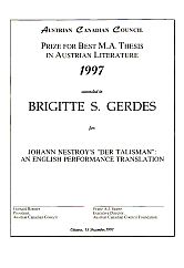 Certificate presented to 1997 Winner, Brigitte Gerdes